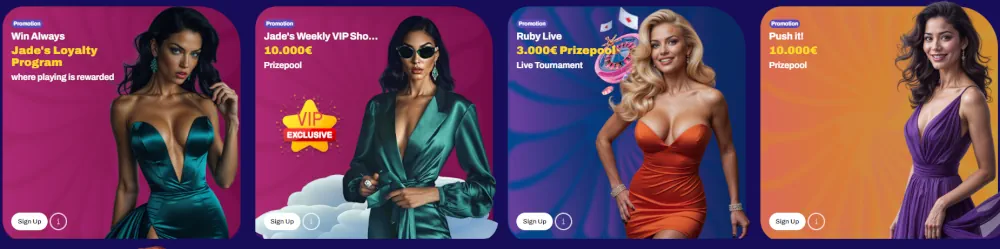 Sección de especiales de Candy Spinz destacando el estatus VIP, desafÃos y cangrejo extra.